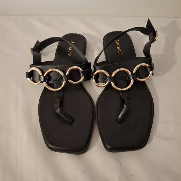 Bamboo Women's Black Sandals with Gold Circle Accents - Picture 1 of 6